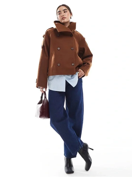 ASOS Rust Double-Breasted Pea Coat - Picture 2 of 4